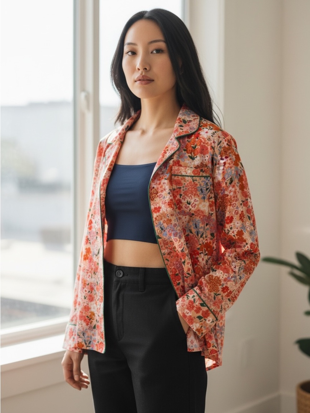 Ban.doFloral Print Lightweight Cotton Shirt Jacket - Coral Multi M
